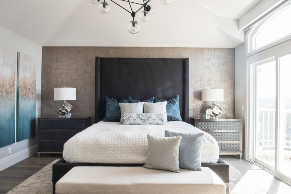 Medium sized classic master bedroom in Orange County with grey walls, light hardwood flooring and grey floors.