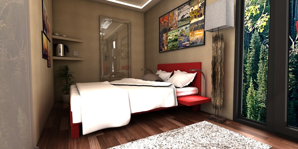 Inspiration pour une chambre minimaliste de taille moyenne avec un mur beige, parquet foncé et un sol marron.