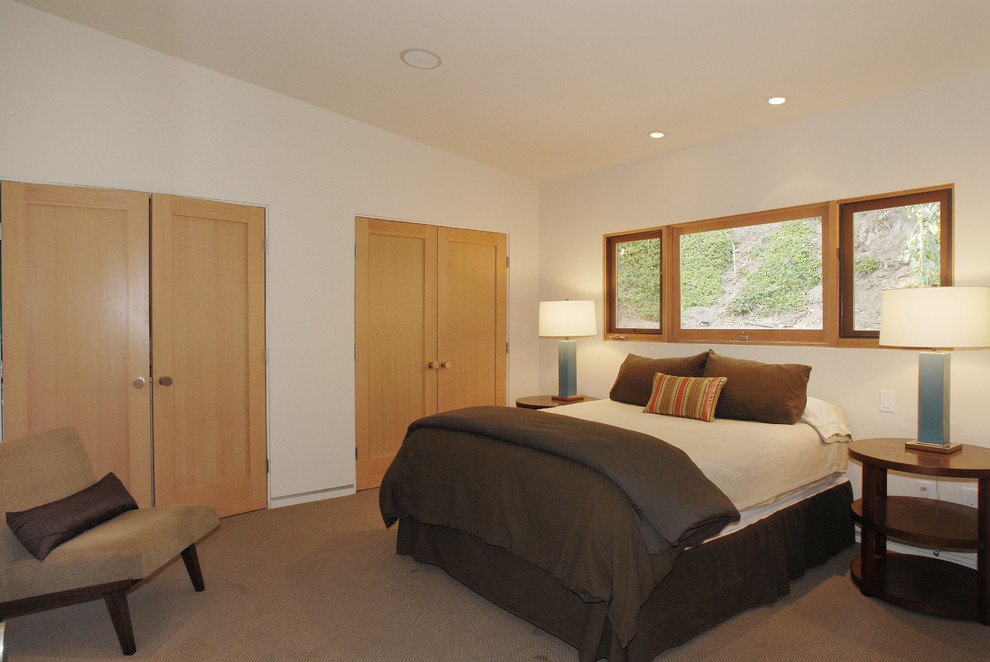 Ejemplo de habitación de invitados actual de tamaño medio con paredes verdes y moqueta