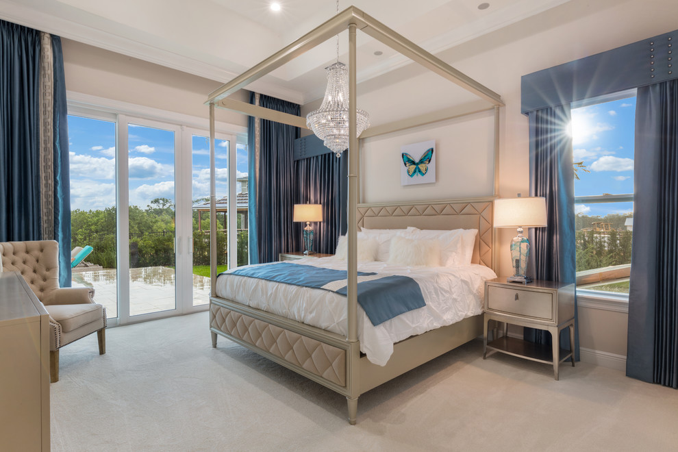 Inspiration for a large contemporary master bedroom in Orlando with white walls, carpet and grey floors.