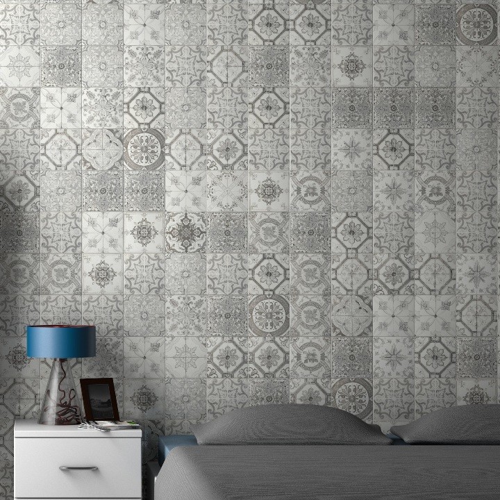 Mittelgroßes Klassisches Schlafzimmer mit grauer Wandfarbe und Porzellan-Bodenfliesen in Sonstige