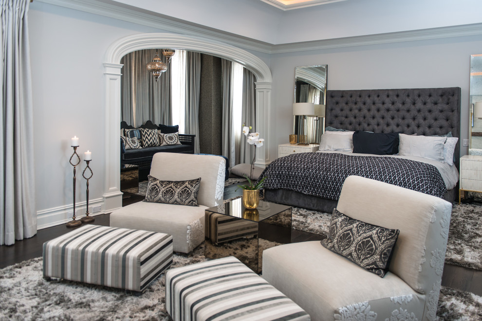 Design ideas for a traditional bedroom in New York with grey walls and dark hardwood flooring.