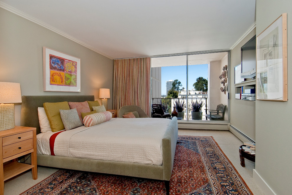Mid-sized trendy master carpeted and beige floor bedroom photo in San Francisco with gray walls and no fireplace