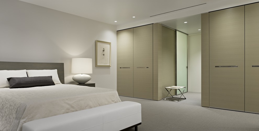 Diseño de dormitorio contemporáneo con moqueta y paredes grises