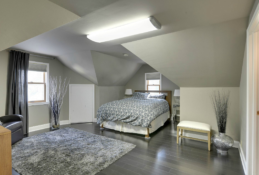 Esempio di una camera da letto stile loft contemporanea di medie dimensioni con pareti grigie, parquet scuro e nessun camino