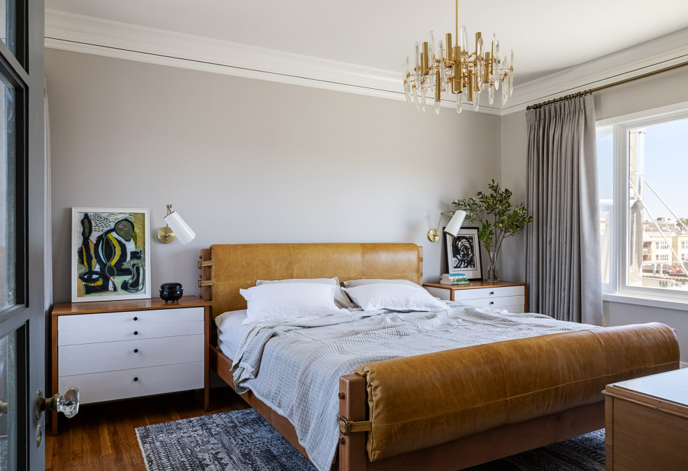 Bedroom - contemporary medium tone wood floor and brown floor bedroom idea in San Francisco with gray walls