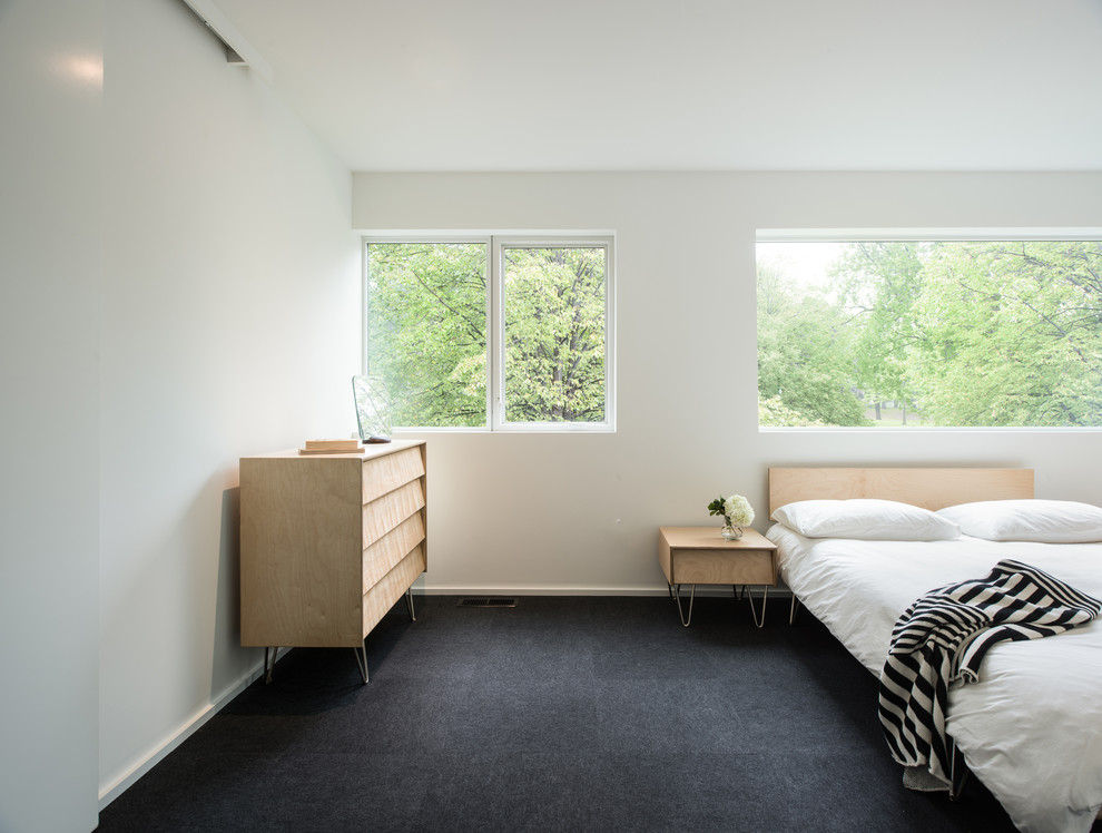 Идея дизайна: гостевая спальня среднего размера, (комната для гостей) в стиле модернизм с белыми стенами, ковровым покрытием и синим полом без камина