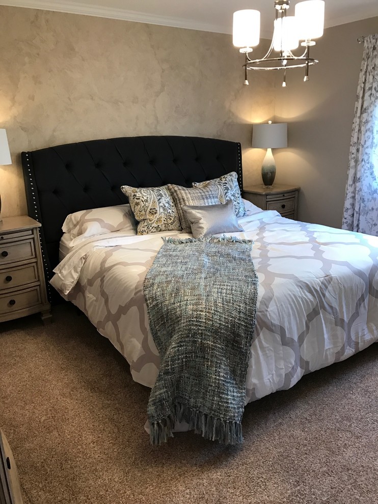 Inspiration for a mid-sized transitional master carpeted and beige floor bedroom remodel in Minneapolis with gray walls