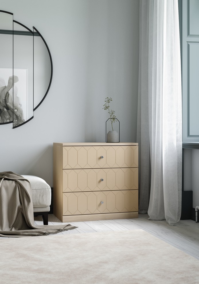 Modelo de habitación de invitados escandinava sin chimenea con paredes grises y suelo de madera clara