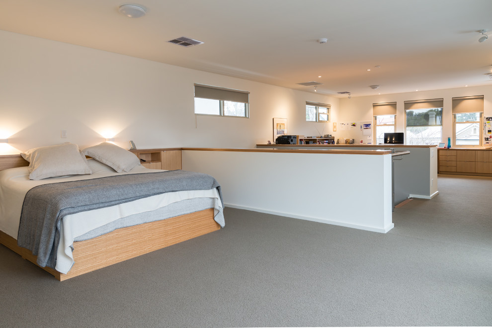 Diseño de dormitorio tipo loft contemporáneo con paredes blancas, moqueta y suelo gris