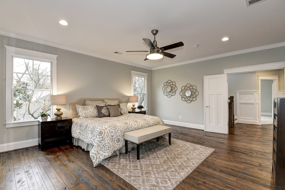 Mid-sized arts and crafts master dark wood floor bedroom photo in DC Metro with gray walls