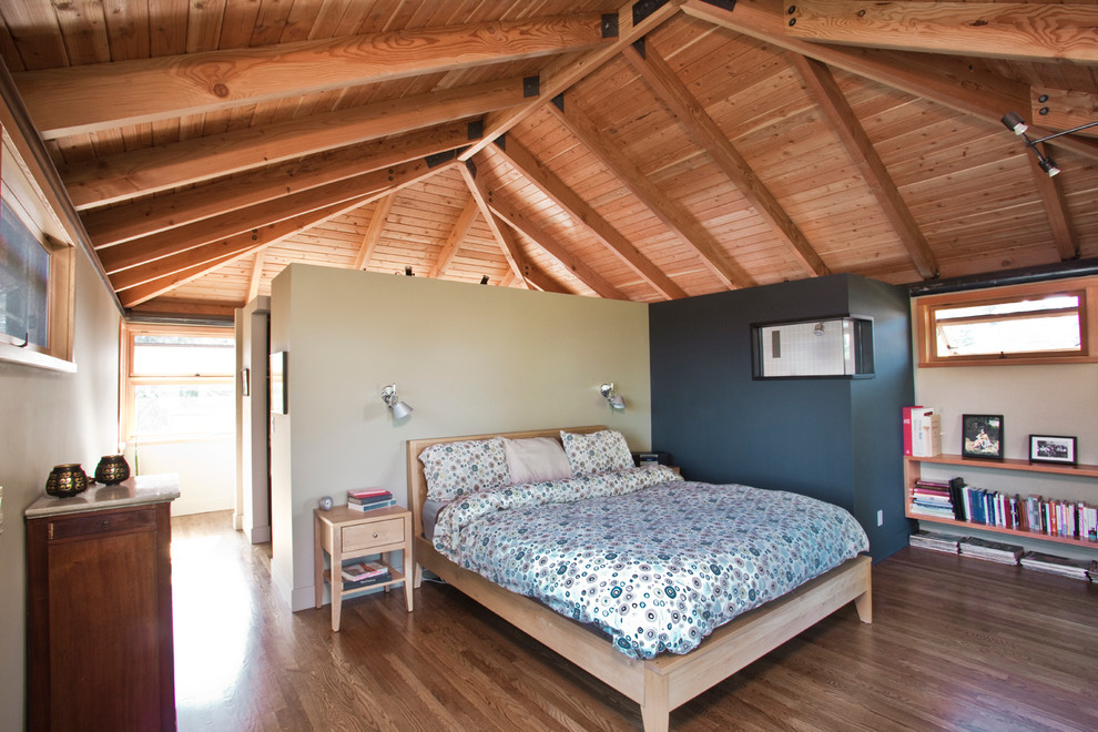 Bild på ett funkis sovrum, med flerfärgade väggar och mellanmörkt trägolv