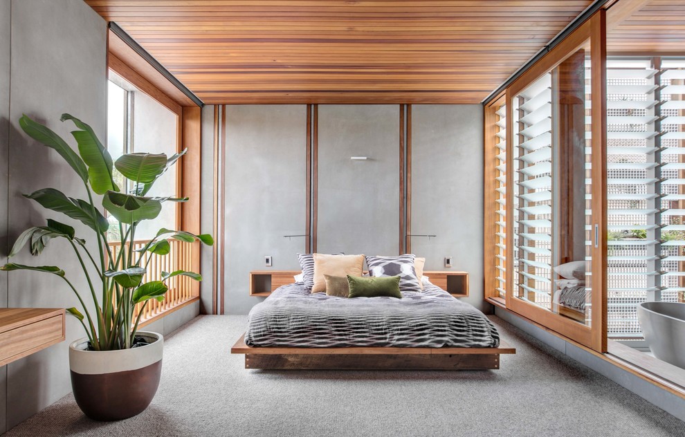 Стильный дизайн: хозяйская спальня в современном стиле с ковровым покрытием и серым полом - последний тренд