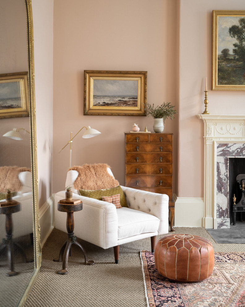 Photo of a large classic master bedroom in Edinburgh with pink walls, carpet, a standard fireplace, a tiled fireplace surround, green floors and a chimney breast.