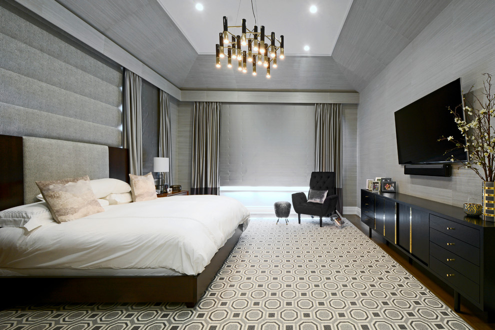 Contemporary master bedroom in New York with grey walls.