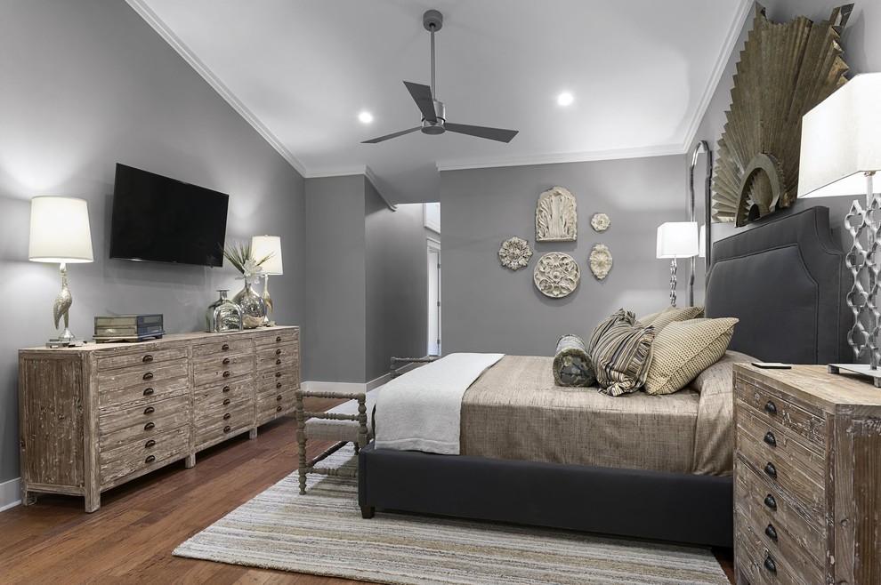 Design ideas for a large contemporary master and grey and brown bedroom in Charleston with grey walls, medium hardwood flooring and no fireplace.