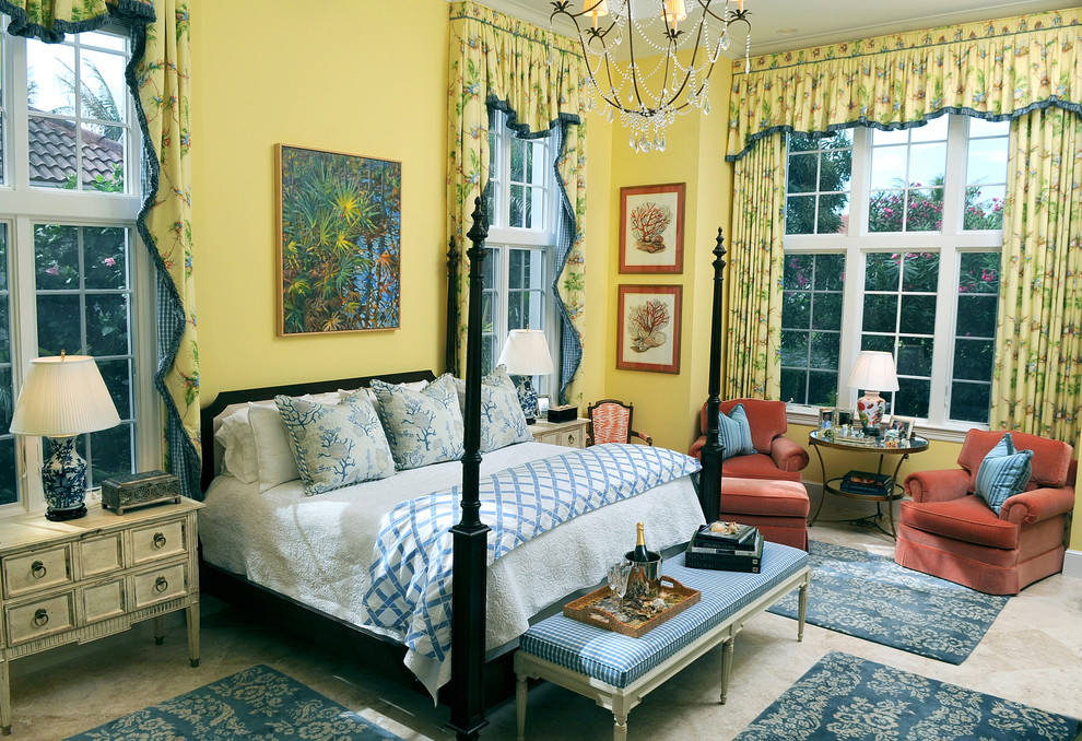 Bedroom - mid-sized traditional guest carpeted and beige floor bedroom idea in Miami with yellow walls