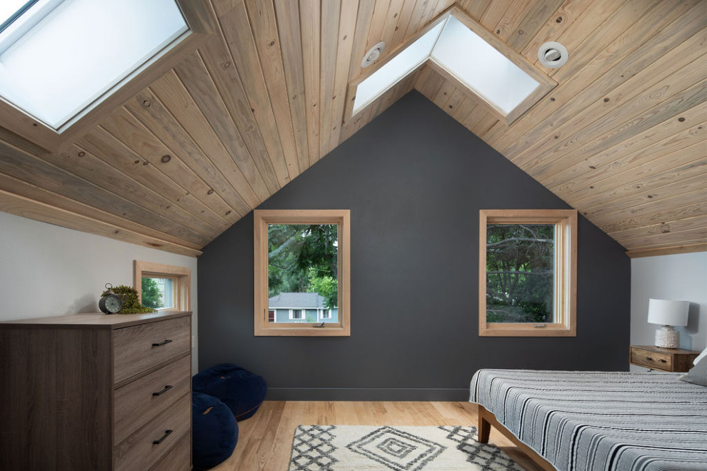 Esempio di una piccola camera degli ospiti design con pareti multicolore, parquet chiaro, pavimento beige e soffitto a volta