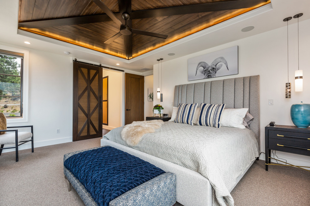 Источник вдохновения для домашнего уюта: хозяйская спальня среднего размера в современном стиле с белыми стенами, ковровым покрытием и серым полом без камина