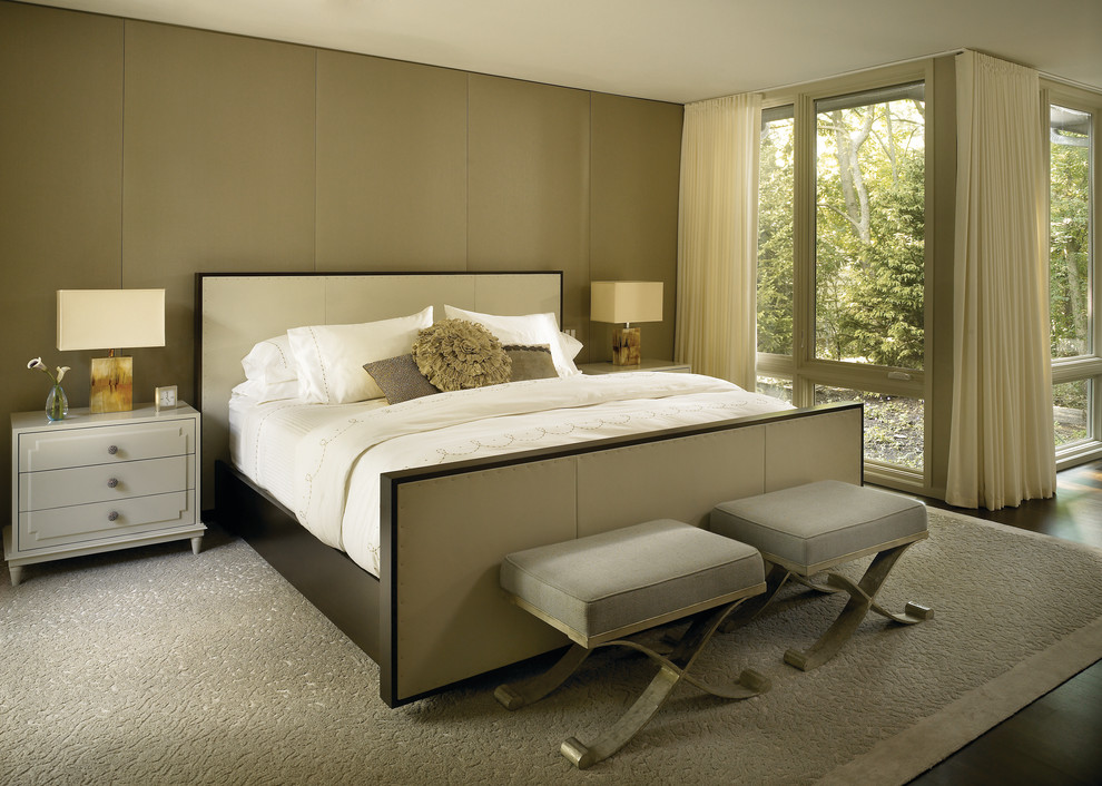 Источник вдохновения для домашнего уюта: спальня в современном стиле с серыми стенами и темным паркетным полом