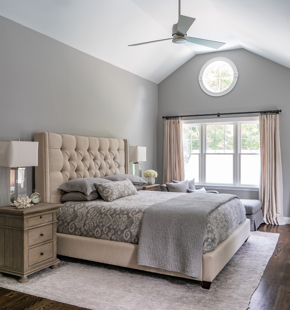 Bedroom - large traditional master dark wood floor and brown floor bedroom idea in Boston with gray walls and no fireplace