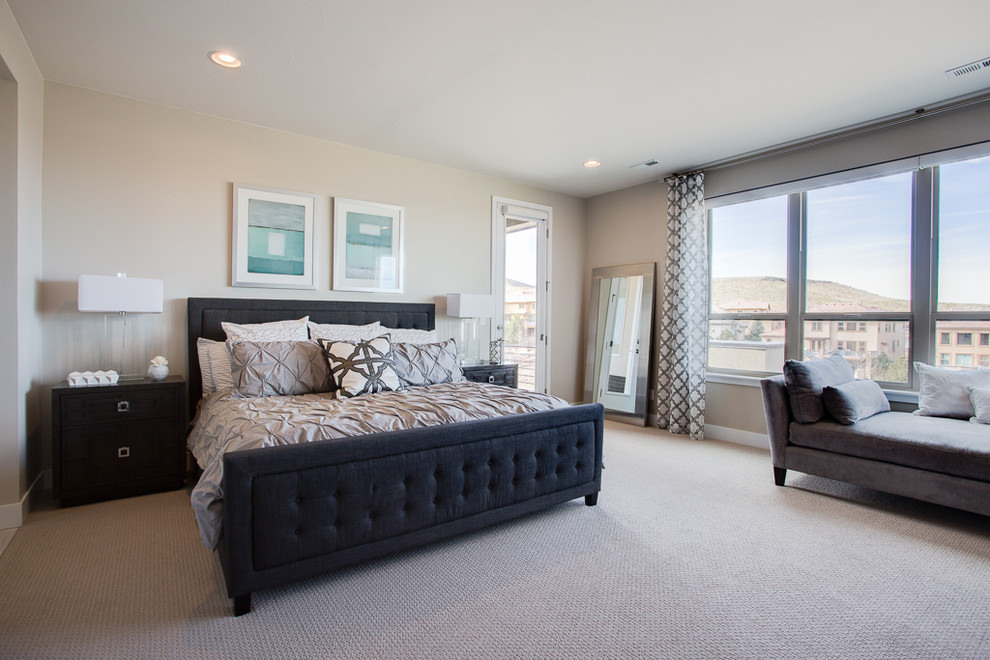 This is an example of a medium sized modern master bedroom in Denver with grey walls, carpet, a ribbon fireplace, a tiled fireplace surround and grey floors.