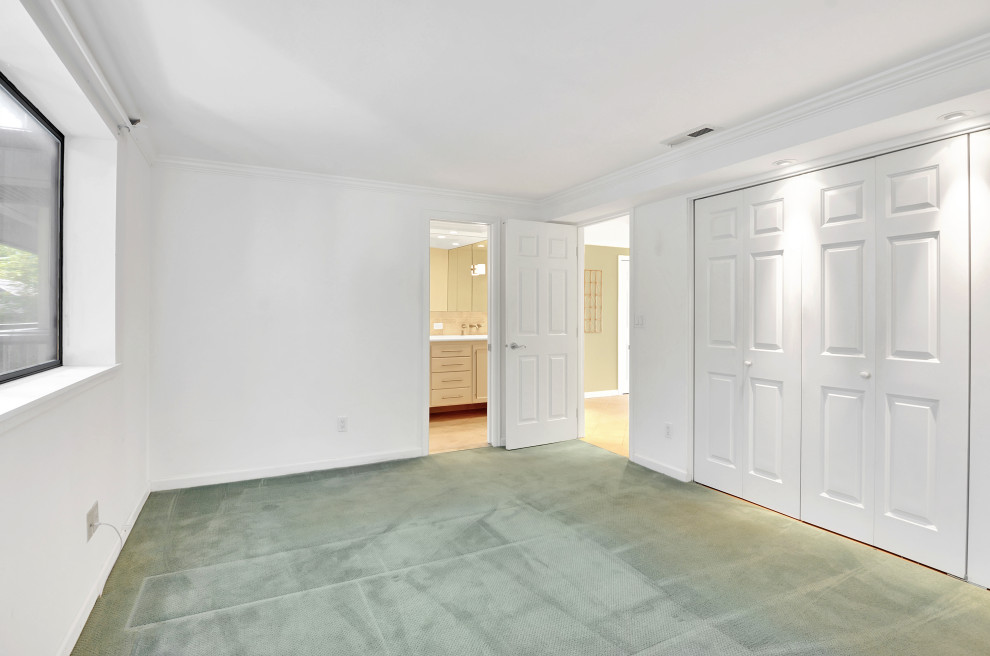 Aménagement d'une chambre moderne de taille moyenne avec un mur blanc et un sol vert.