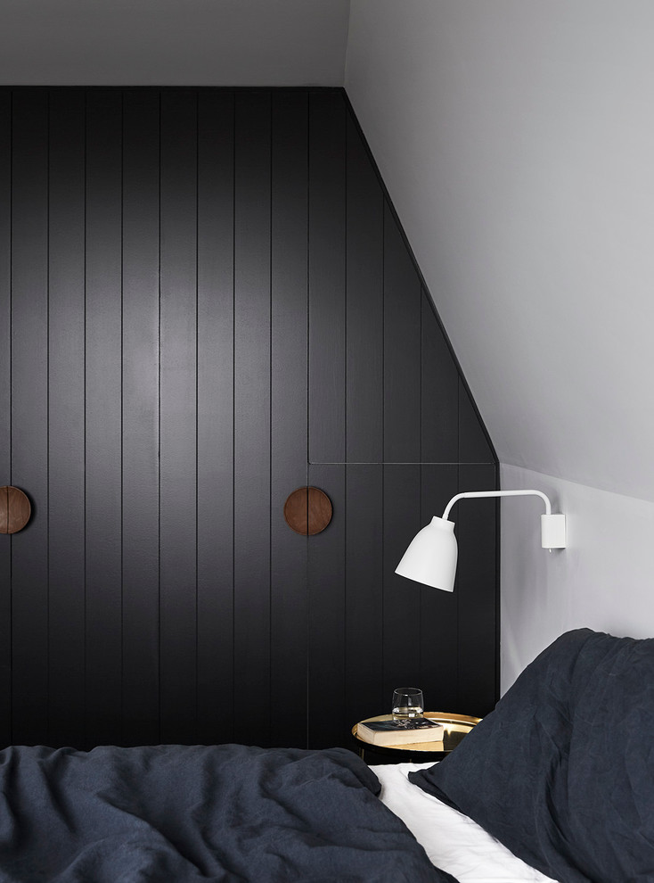Foto de dormitorio principal contemporáneo de tamaño medio con paredes negras y moqueta