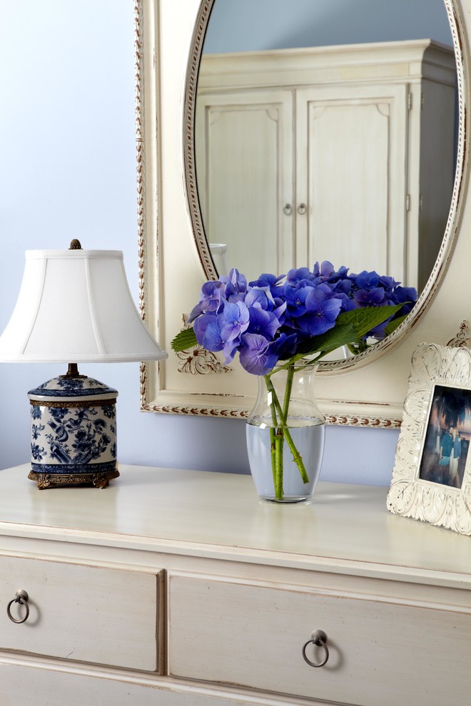 Imagen de habitación de invitados rústica de tamaño medio sin chimenea con paredes azules y suelo de madera en tonos medios