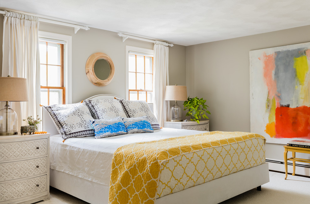 Transitional carpeted bedroom photo in Boston with gray walls and no fireplace