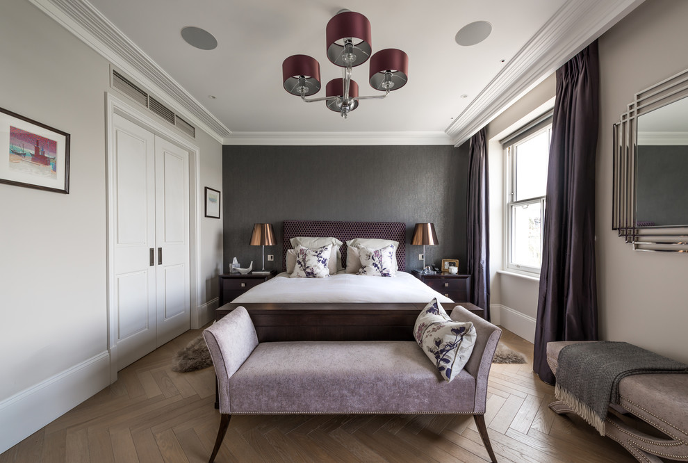 Inspiration for a medium sized traditional grey and purple bedroom in London.