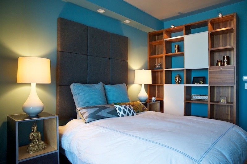 Medium sized contemporary guest bedroom in New York with blue walls, no fireplace and dark hardwood flooring.