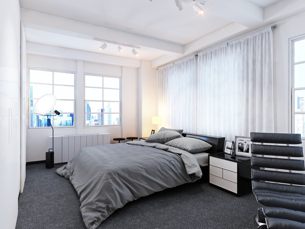 ニューヨークにある中くらいなコンテンポラリースタイルのおしゃれな主寝室 (白い壁、カーペット敷き、標準型暖炉、石材の暖炉まわり) のインテリア
