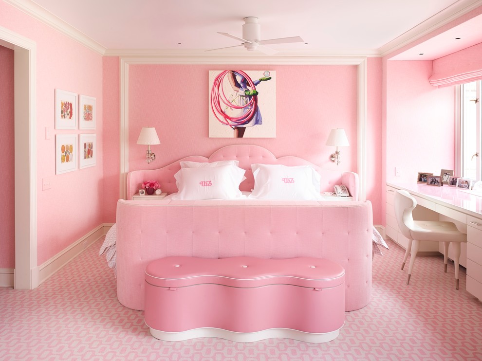 Trendy carpeted and pink floor bedroom photo in New York with pink walls