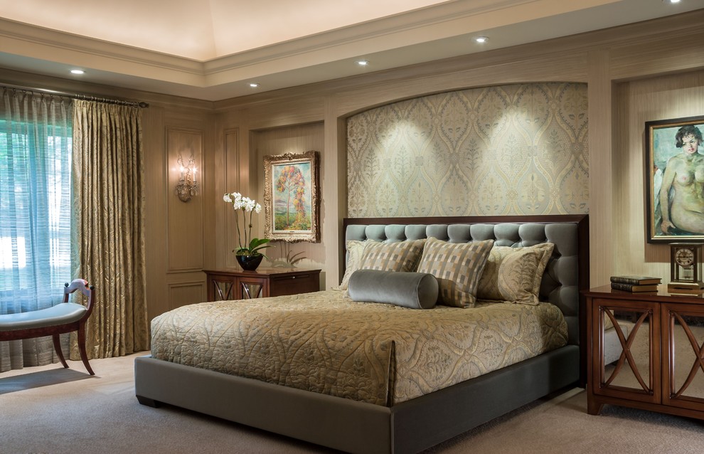Design ideas for a classic bedroom in Chicago with beige walls and carpet.
