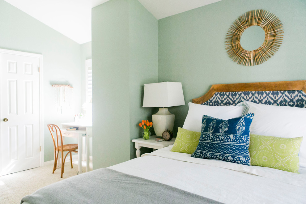 Mid-sized eclectic guest carpeted bedroom photo in Santa Barbara with blue walls and no fireplace