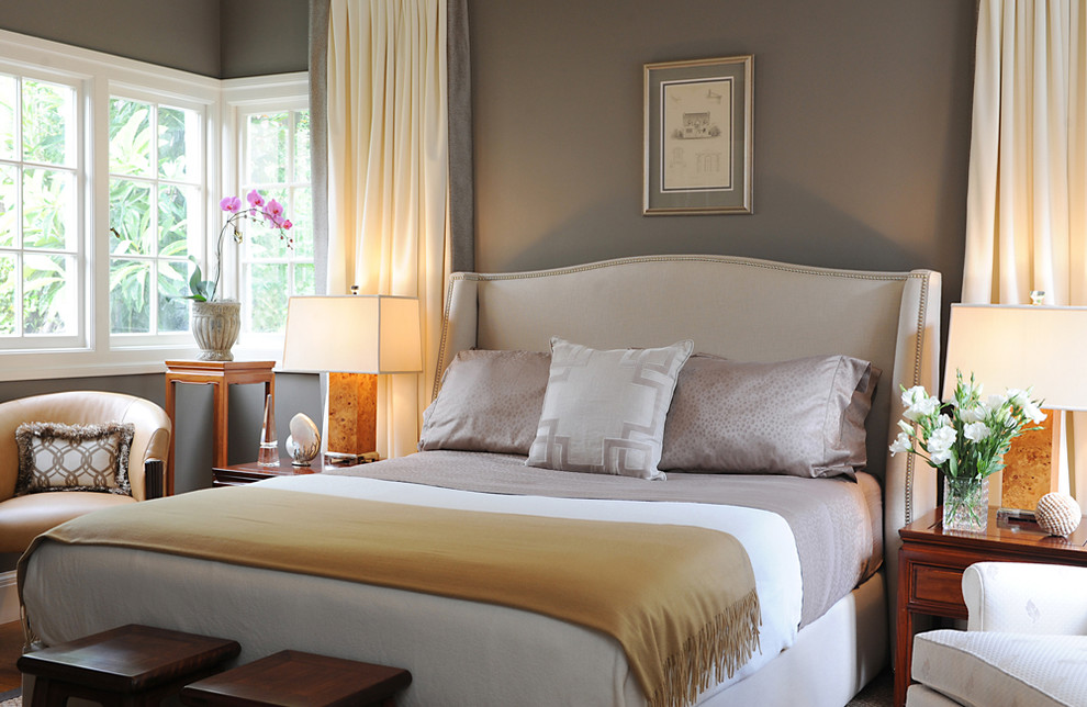 Elegant master bedroom photo in San Francisco with gray walls