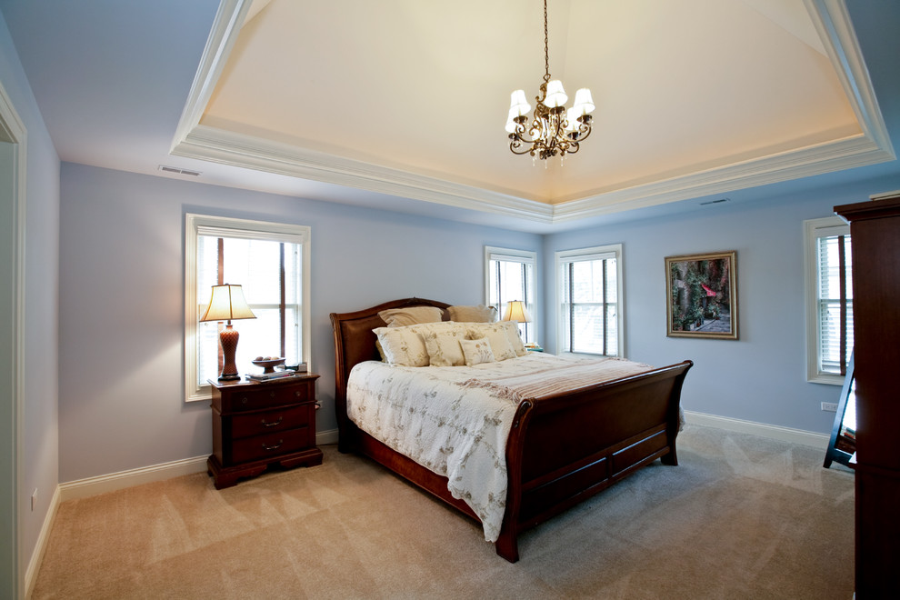 Example of a mid-sized classic guest carpeted bedroom design in Chicago with gray walls and no fireplace