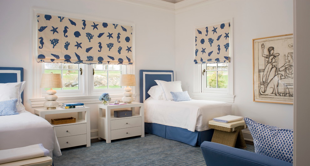 Идея дизайна: гостевая спальня (комната для гостей) в морском стиле с белыми стенами