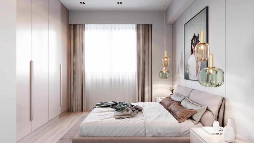Photo of a medium sized contemporary guest and grey and brown bedroom in Other with grey walls and beige floors.
