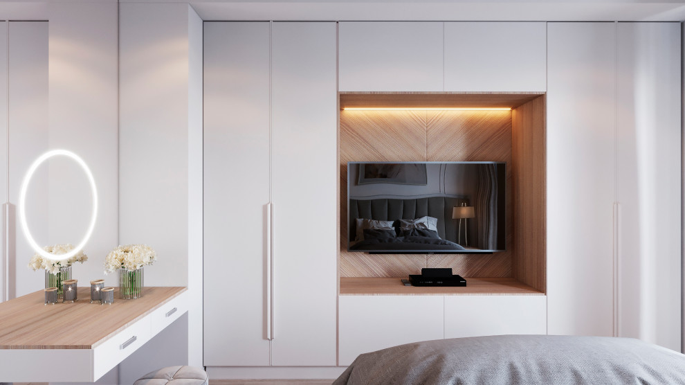 На фото: хозяйская спальня среднего размера в современном стиле с белыми стенами и бежевым полом