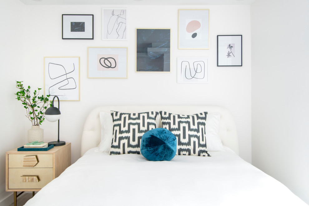 Источник вдохновения для домашнего уюта: гостевая спальня (комната для гостей) в современном стиле с белыми стенами без камина
