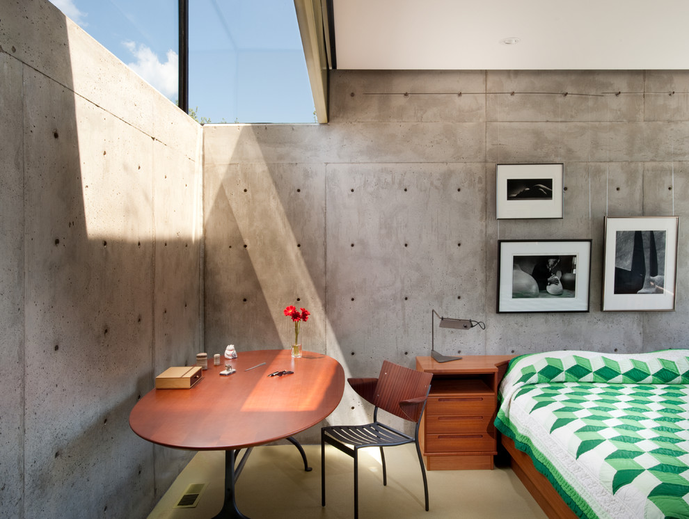 Idéer för ett modernt sovrum, med grå väggar