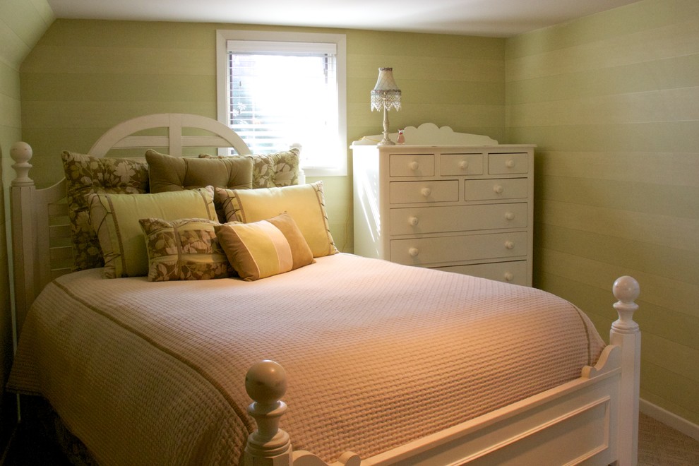 Example of a small transitional guest carpeted bedroom design in Denver with green walls