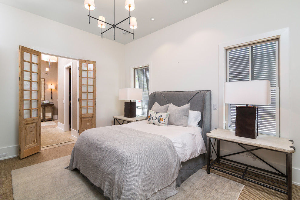 Medium sized nautical guest bedroom in Atlanta with white walls, carpet and no fireplace.