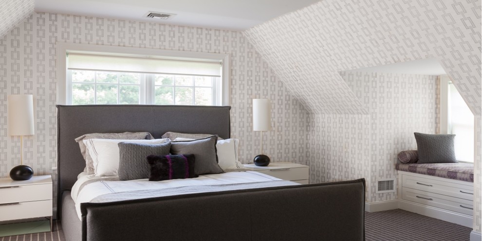 Diseño de habitación de invitados contemporánea grande con paredes grises, moqueta y suelo gris