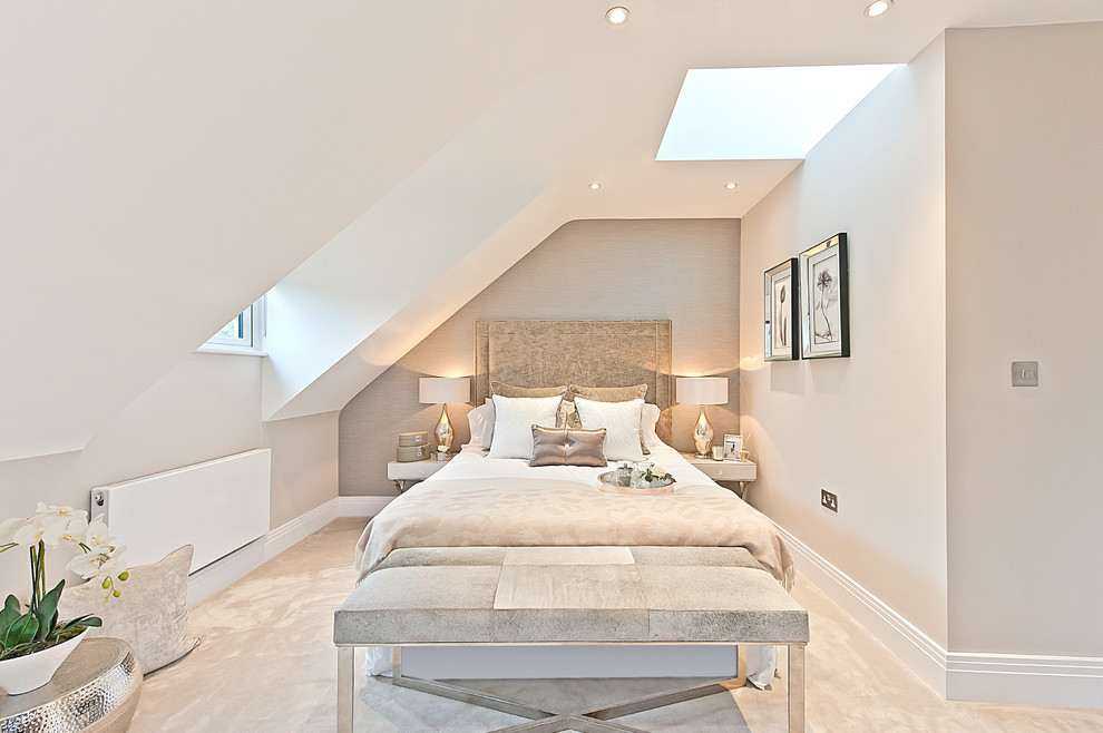 Design ideas for a contemporary grey and cream bedroom in Surrey.