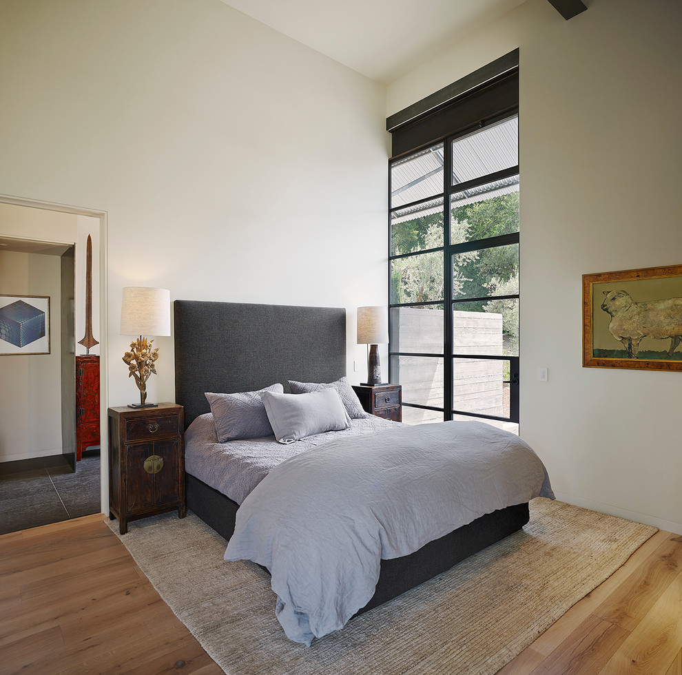 На фото: спальня в современном стиле с белыми стенами и светлым паркетным полом без камина