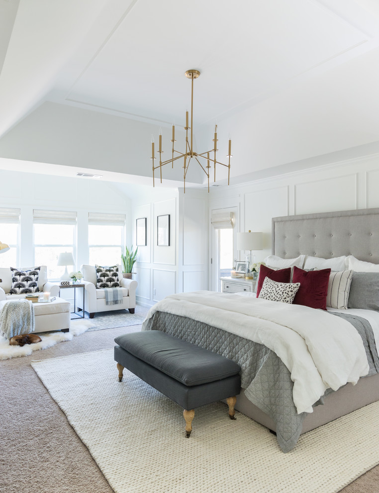 Transitional master carpeted and beige floor bedroom photo in Seattle with white walls