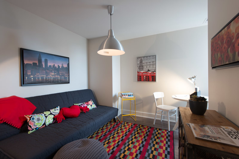 Foto de habitación de invitados actual pequeña con paredes blancas y suelo de madera en tonos medios